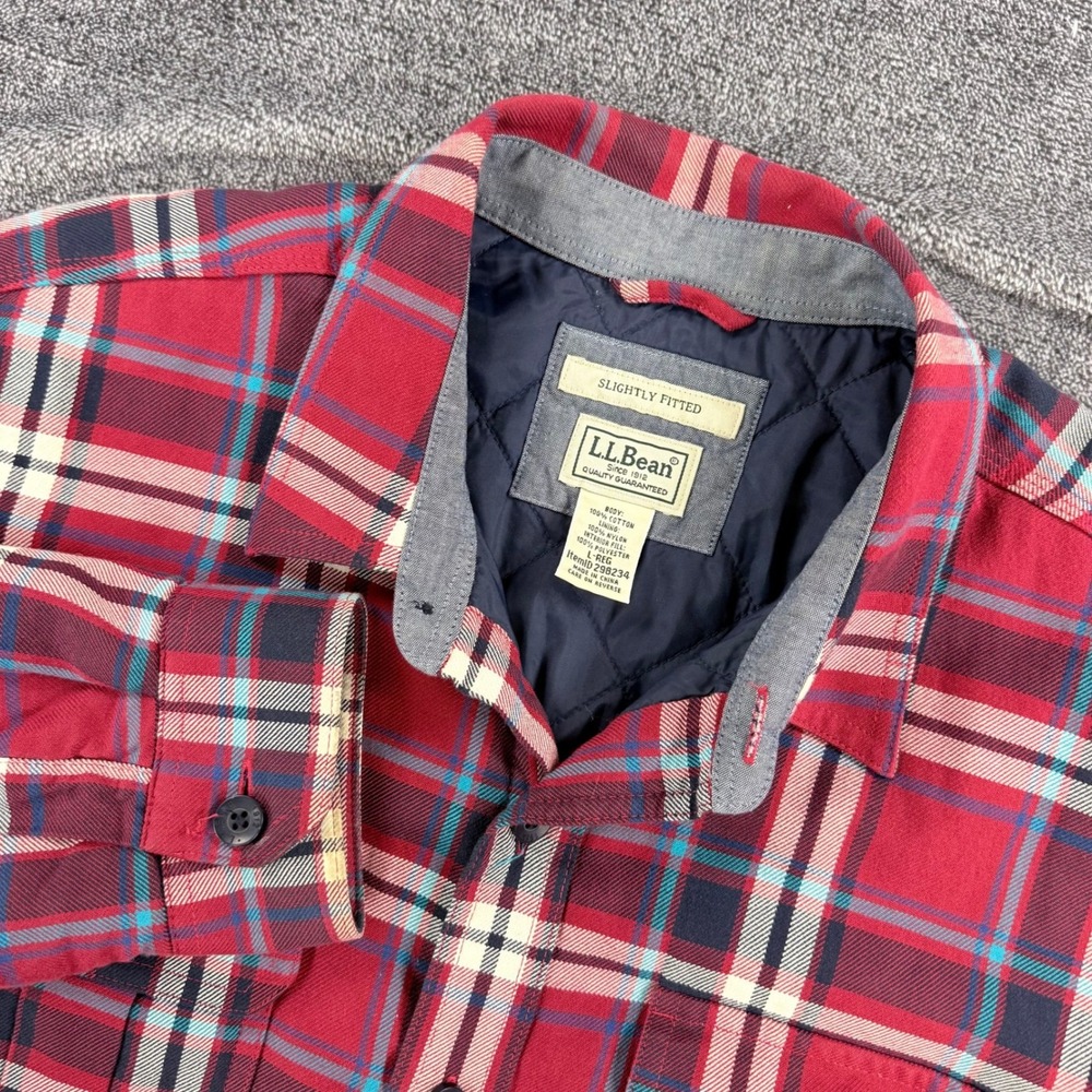 LL Bean Men Red Plaid Quilted Lined Flannel Shirt Jacket Large Regular 298234